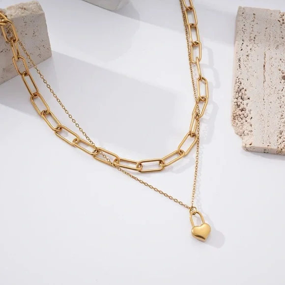 18K Gold Plated Layering Heart Lock Pendant Necklace - Picture 9 of 14